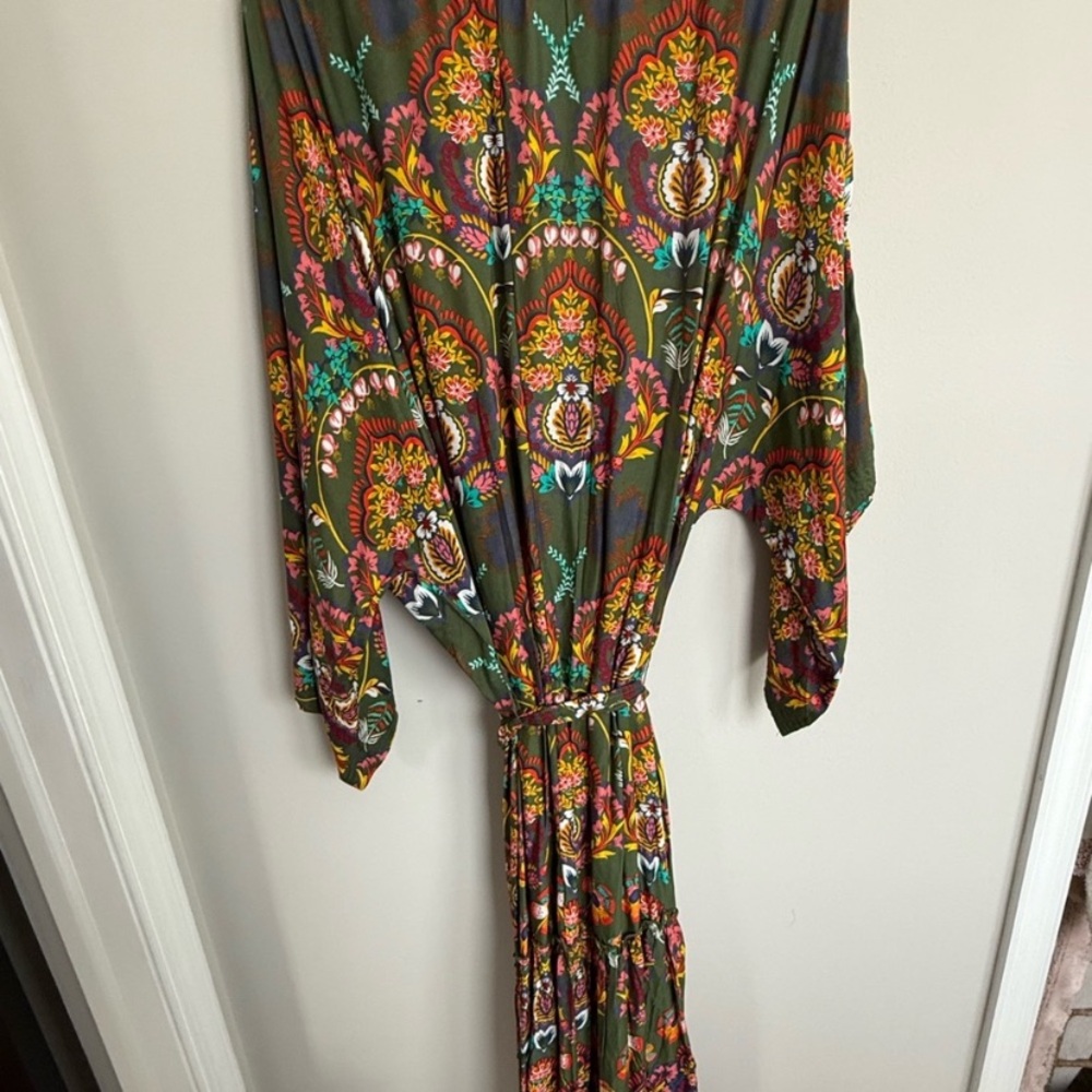 New Anthropologie Emmanuelle Boho Olive Green Paisley Belted Robe Cover Up S - Picture 7 of 7